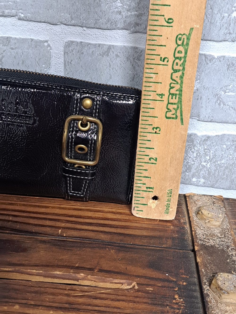 Coach Black Patent Leather Zip Wallet with Brass Buckle Accents - Picture 8 of 8